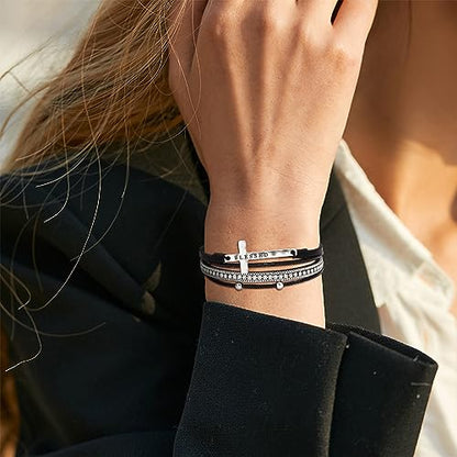 Fesciory Leopard Bracelet for Women, Boho Leather Wrap Multi-Layer Pearl Crystal Bracelet Bangle Jewelry - style: Blessed Cross(Black)