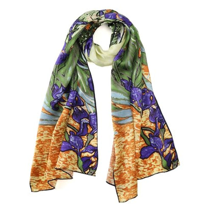 JWSilk Long Charmeuse Silk Scarf Classic Art Print - color: Blue Iris By Van Gogh