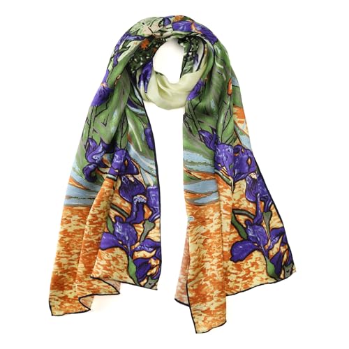 JWSilk Long Charmeuse Silk Scarf Classic Art Print - color: Blue Iris By Van Gogh