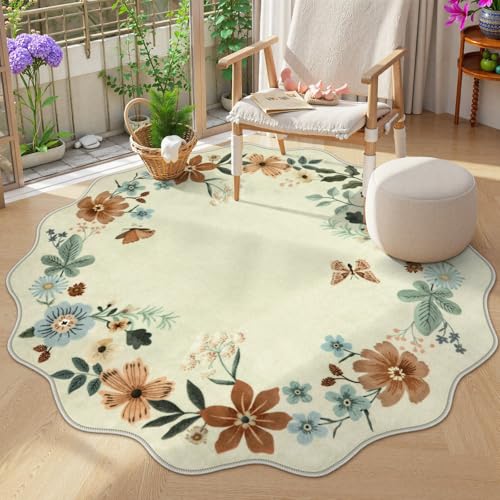 Lahome Floral Washable Round Rugs, Non-Slip Soft Round Rug 4ft Ultra-Thin, Small Boho Circle Carpet for Entryway Kitchen Bedroom Nursery Bathroom Flore, Beige - color: Beige, size: 4'（Round）