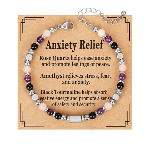 Natural Healing Crystal Bracelet for Women, Triple Protection Anxiety Relief New Beginnings Good Luck Empath Protection Jewelry Gift for Friends Daughter Mom 6.5+1.8 Inches - style: Anxiety Relief