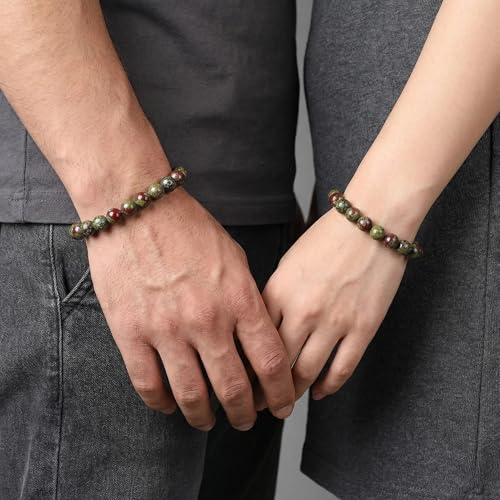 Natural Stone Beaded Bracelets for Women Men - 8MM Semi-Precious Stones Bracelets Adjustable Crystal Beads Stretch Bracelet - color: Dragon Blood Jasper