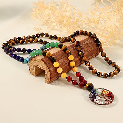 Bivei 108 Mala Beads Necklace Life Tree 7 Chakra Wrap Bracelet Real Healing Gemstone Yoga Meditation Hand Knotted Mala Prayer Bead Necklace - color: Tiger Eye Stone, size: 8mm