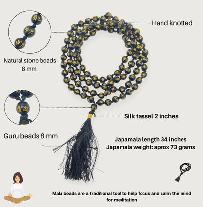 GEMSCITE Japa Mala 108 Prayer Beads Perfect for Meditation Spiritual Mala Necklace & Wrist Mala Bracelet - color: Black Agate (Om), size: Hand Knotted