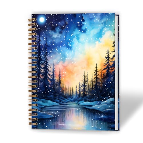 Fantasy Northern Lights Notebook, Northern Lights Gifts Journal, Gifts for Nature Lovers Journal, Winter Pine Tree Iceland Landscape Hardcover Spiral Notebooks, 5.5x8.3 Inch - color: Color_16