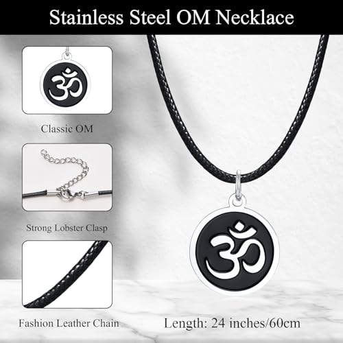 Stainless Steel Om Necklace for Men Women, gold plated/Silver/Black Yoga Charm Pendant Necklaces Aum Om Ohm Sanskrit Symbol Hindu Meditation Chain Necklace,Mens Womens Jewelry Gifts - color: Round Black