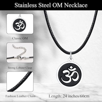 Stainless Steel Om Necklace for Men Women, gold plated/Silver/Black Yoga Charm Pendant Necklaces Aum Om Ohm Sanskrit Symbol Hindu Meditation Chain Necklace,Mens Womens Jewelry Gifts - color: Round Black