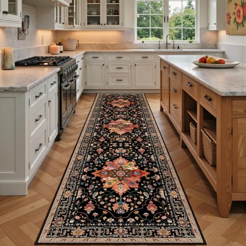 RELEANY Area Rugs Runner 2'x7' Washable Non-Slip, Floral Vintage Distress Medallion Carpet for Kitchen Hallway Bedroom Beside Laundry Room Bathroom, Black Colorful Floral Dark Tan - color: Black/Colorful, size: 2' X 7' (Runner)