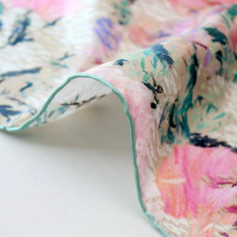 ANDANTINO 100% Pure Mulberry Silk Scarf 35" Large Square Lightweight Headscarf –Women’s Hair Wraps-With Gift Packed - color: Pink&green-twill