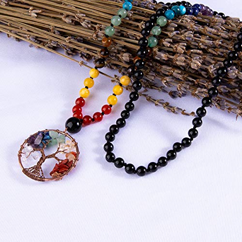 Bivei 108 Mala Beads Necklace Life Tree 7 Chakra Wrap Bracelet Real Healing Gemstone Yoga Meditation Hand Knotted Mala Prayer Bead Necklace - color: Black Agate, size: 6mm