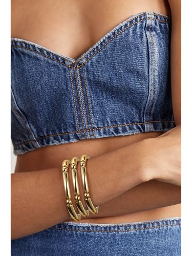 Gold Chunky Bangles Bracelets For Women 14k Gold Plated Stack Layered Curved Bamboo Tube Stretch Bracelets Gift Jewelry - color: 3pcs Gold-8mm