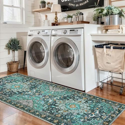 Ciicool Boho Washable 2x6 Runner Rugs,Hallway Kitchen Bedroom Beside Laundry Room Bathroom Rug, Pet & Kids Friendly, Non Slip Low Pile Stain Resistant Soft Foldable Floor Carpet - color: Teal/Multi, size: 2' X 6' (Runner)