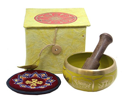 Tibetan 8 Lucky Symbols Yoga Meditation Singing Bowl/Mallet/Cushion/Box Set (Yellow)