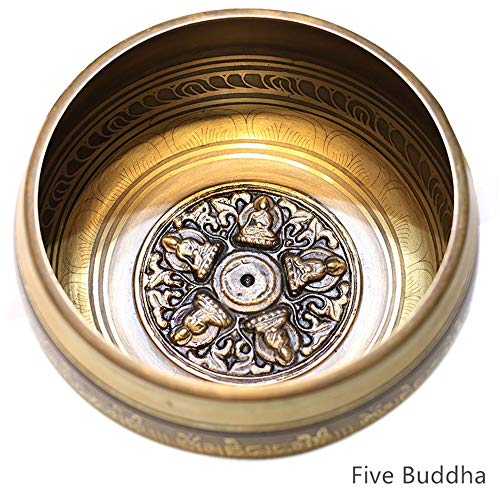 Tibetan Singing Bowl Set,Carved with Five Buddha Statues and Mentra of Om Mane Padme Hum,For Sound Healing,Meditation,Yoga,Relaxation,Chakra Balance,Handmade in Nepal(6.5inches) - color: Five Buddha, size: 16.5cm
