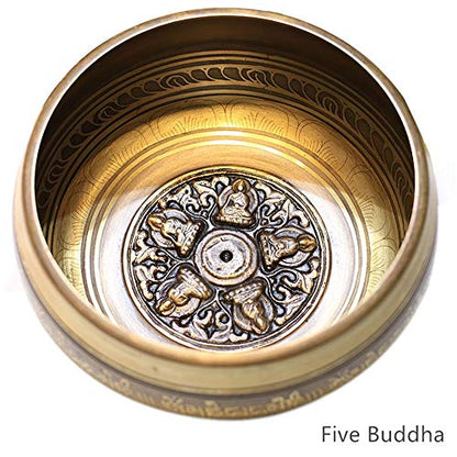 Tibetan Singing Bowl Set,Carved with Five Buddha Statues and Mentra of Om Mane Padme Hum,For Sound Healing,Meditation,Yoga,Relaxation,Chakra Balance,Handmade in Nepal(6.5inches) - color: Five Buddha, size: 16.5cm