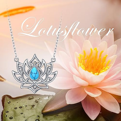 Lotus Neckalces for Women 925 Sterling Silver Moonstone/Turquoise Lotus Pendant for Girls Anxiety Stress Relieving Birthday Yoga Gifts - style: Turquoise Lotus