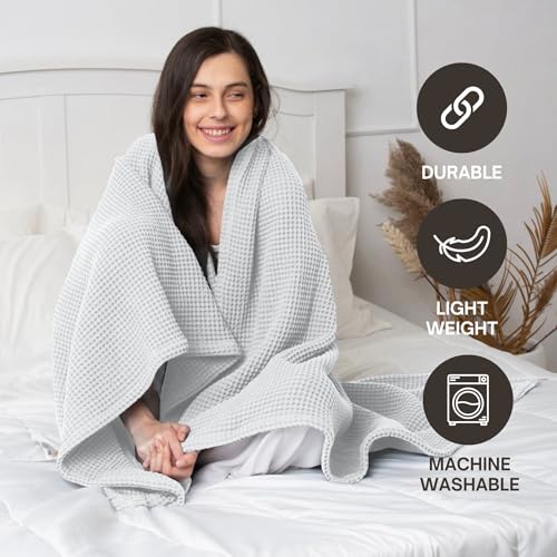 Throw Blanket for Couch, 100% Cotton Soft Lightweight Breathable Summer Blanket Throws, Waffle Weave Throw Size Bed Blanket: White (50"x60") - color: White, size: Throw (50" x 60")