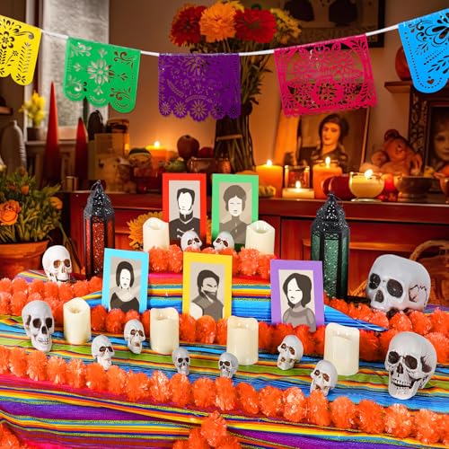 23 Pcs Day of The Dead Altar Decorations Set, Marigold Garland Mexican Banner Table Runner Paper LED Light Supplies Dia De Los Muertos Ofrendas Altar Decorations