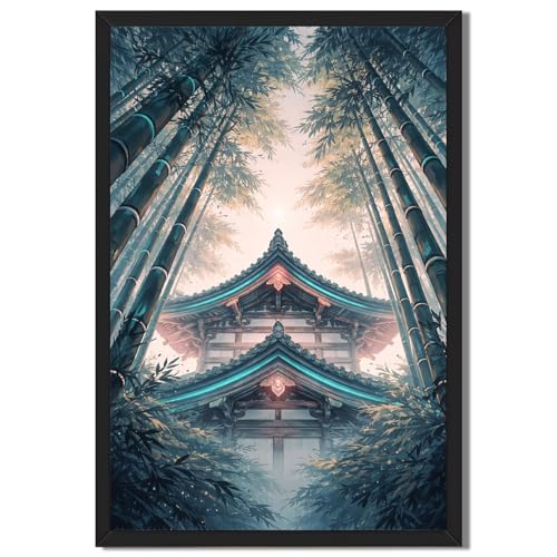 Framed Zen Bamboo Temple Poster Canvas Print Art Rustic Minimalist Aesthetic Wall Art Painting Pictures Wall Decor Exquisite Home Decor for Living Room Bedroom Office (Black,12"x16"inch)