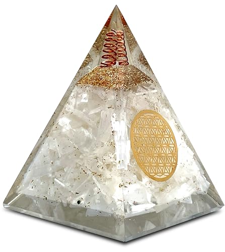 Orgone Selenite Pyramid with Flower of Life – Handmade Orgonite Energy Generator for Meditation, Reiki Healing & Positive Energy - color: Selenite