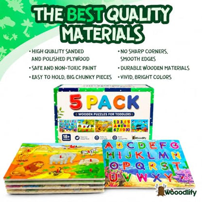 5 Pack Wooden Peg Puzzles for Toddlers 1-3 - Toddler Puzzles with Alphabet Numbers & Animals — Baby Wood Puzzle Gift - Puzzles for Toddlers 2-4 - Puzzles for Kids Ages 3-5 Learning Toys Boys and Girls