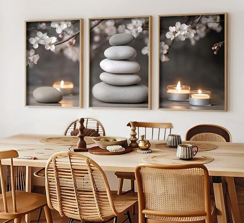 ZHJIOFXG 3 Piece Zen Canvas Wall Art Stacked Stones Cherry Blossom Candle Spa Wall Decor Calming Minimalist Neutral Poster Print Art for Bathroom Bedroom Yoga Room Office Living Room 16x24in Unframed - size: 24L''x16W''
