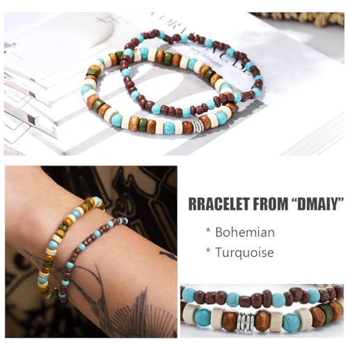 Boho Turquoise Bracelet Wooden Beaded Bracelets Stretch Wrap Bracelet Jewelry for Women and Men 2Pcs