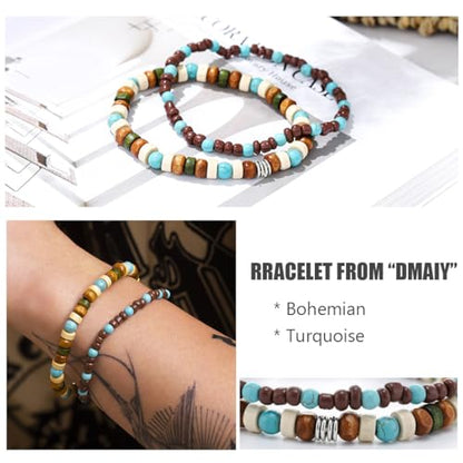 Boho Turquoise Bracelet Wooden Beaded Bracelets Stretch Wrap Bracelet Jewelry for Women and Men 2Pcs