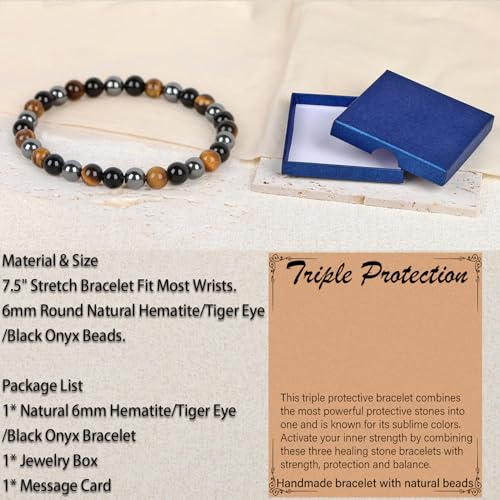 LPBeads Handmade Natural Gemstone Stretch Elastic Bracelet Healing Crystal Round Stone Beads Jewelry Gifts for Women Men - color: Onyx Tiger Hematite Mixed, size: 6mm