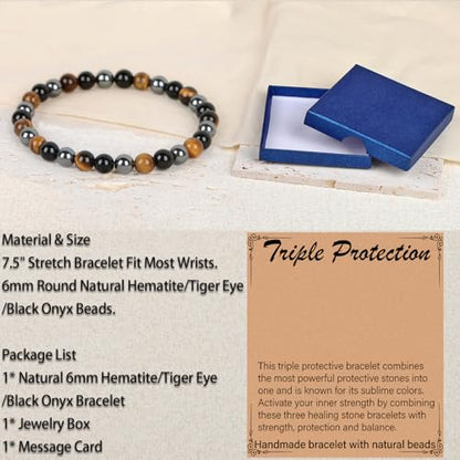 LPBeads Handmade Natural Gemstone Stretch Elastic Bracelet Healing Crystal Round Stone Beads Jewelry Gifts for Women Men - color: Onyx Tiger Hematite Mixed, size: 6mm