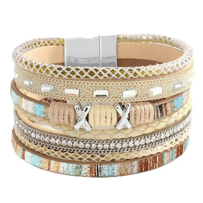 Fesciory Leopard Bracelet for Women, Boho Leather Wrap Multi-Layer Pearl Crystal Bracelet Bangle Jewelry - style: Boho(Khaki)