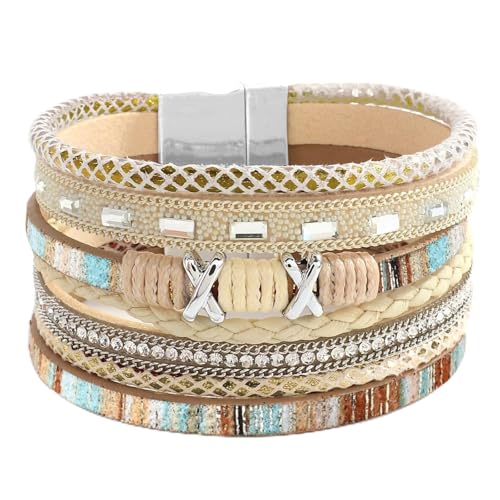 Fesciory Leopard Bracelet for Women, Boho Leather Wrap Multi-Layer Pearl Crystal Bracelet Bangle Jewelry - style: Boho(Khaki)