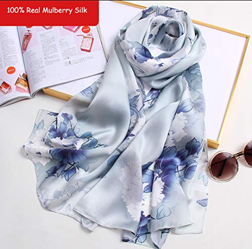 100% Mulberry Silk Long Scarf for Women Large Shawls for Headscarf and Neck- Oblong Hair Wraps with Gift Packed - color: Dusty Blue Peony