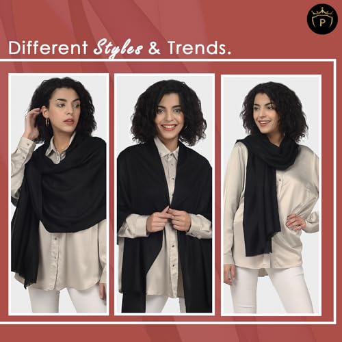 Ultra-Thin Merino Wool Scarf Soft & Warm, Featherlight Cozy Luxurious Shawl For Women, Perfect For Travel - color: Black