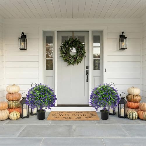 2 Pcs Artificial Lavender Topiary Ball Trees Potted Plants, UV Resistant Fake Lavender Topiary Plant Purple Trees for Garden, Front Door Porch and Outdoor Decor (Purple, M)