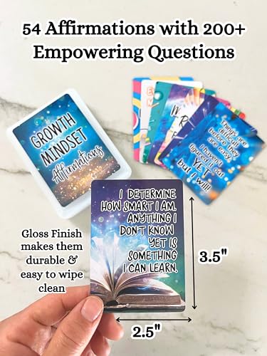 Growth Mindset Positive Affirmation Cards, 54 Affirmations, 150+ Inspiring Questions, Glossy Coated Cards with Storage Box, Meaningful Gift, Loved by Teachers, Therapists and Parents