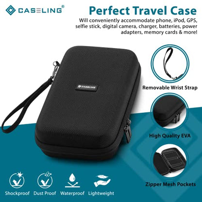 Caseling Hard EVA Electronics Travel Organizer – Shockproof Protective Carrying Case for Chargers, Power Banks & Cables – Compact 9.5” x 5.7” Travel Storage with Wrist Strap, Black