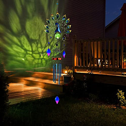 Pearlstar Solar Wind Chimes Outdoor, Gifts for Mom Women, 53.5" Large Metal Peacock Wind Chimes Light with Crackle Glass Ball, Waterproof for Garden Patio Yard Home Decor