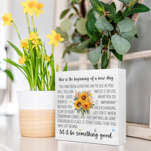 Motivational Wooden Box Sign 5x5x1 INCH, This Is The Beginning of A New Day Sign, Inspirational Office Daily Reminder Desk Decor For Work And Home - style: This Is The Beginning