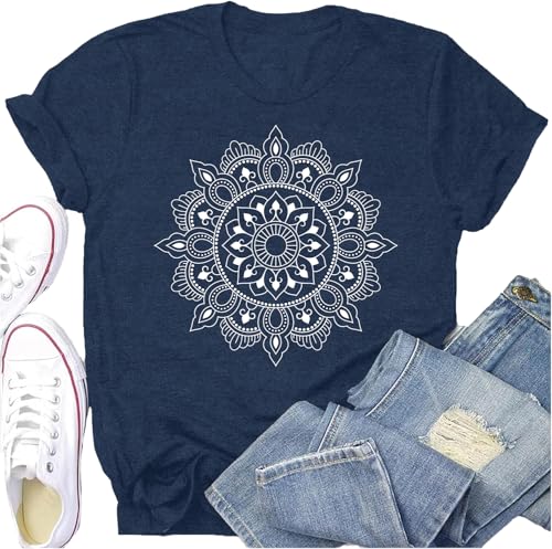 Womens Mandala T-Shirt Boho Meditation Yoga Shirt Casual Vintage Lotus Pilates Tee Tops - color: Blue, size: XX-Large