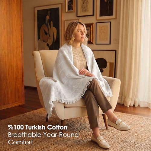 Mira Waffle Throw Blanket with Tassels - 50x66 Inch - 100% Turkish Cotton Tencel Breathable Blend Lightweight Blanket for Couch, Sofa, Bed - color: Cream