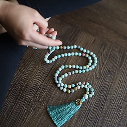 COAI OM Charm Hand Knotted Tassel 108 Mala Beads Necklace - color: Matte Amazonite, size: 6mm