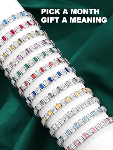 Birthstone Bracelets for Women, Sterling Silver Tennis Bracelets Emerald Cut Bezel Set with Adjustable Chain, Elegant Anniversary, Birthday or Valentine's Day Gift - color: 10-Oct-Pink Tourmaline