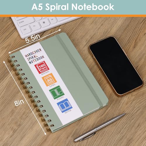 Spiral Notebook for Women, A5 Spiral Journal Notebooks, 160Pages Lined Hardcover Journaling for Work, 5.5 x 8in Journals for Writing, Light Green