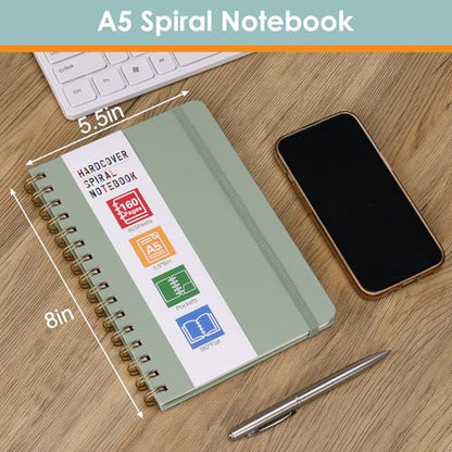 Spiral Notebook for Women, A5 Spiral Journal Notebooks, 160Pages Lined Hardcover Journaling for Work, 5.5 x 8in Journals for Writing, Light Green