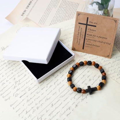 MILAKOO Wooden Bracelet with Black Stainless Steel Cross Charms Bead Christian Gifts for Women Men - color: D5