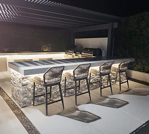 PURPLE LEAF Counter Height Bar Stools Set of 4 Woven Aluminum Modern Barstools with Back and Arms for Patio Balcony Pool Accent Outdoor Kitchen Counter Stool Chairs - color: Classic/Light Grey, size: 4pc-24.8"h