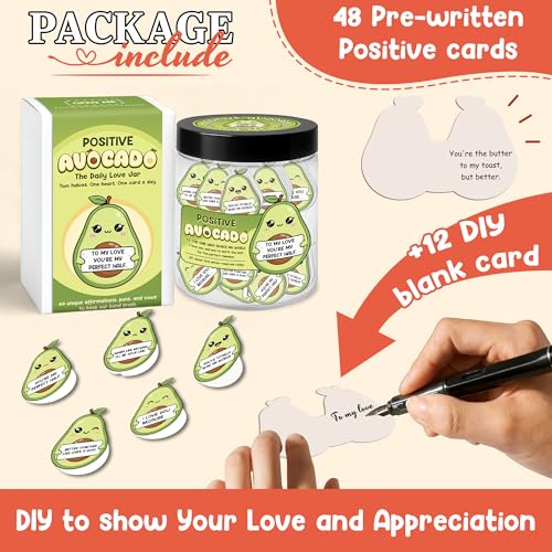 Positive Avocado Jar- 60 Mini Love Notes For Him Her - Cute Birthday Anniversary Stocking Stuffers Gifts For Boyfriend Girlfriend Couple Gifts, Easter Basket Stuffer For Her Him Husband Wife - color: Positive Avocado