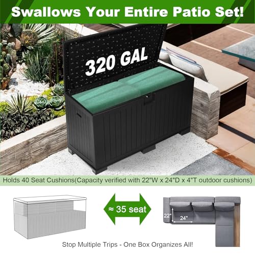320 Gallon Deck Box with 6 Waterproof Foot Pads, Resin Storage Box Weatherproof, Plastic Cushion Container with Lock and Lids for Pool Equipment, Black - color: Black(320 Gal)