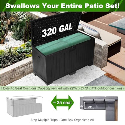 320 Gallon Deck Box with 6 Waterproof Foot Pads, Resin Storage Box Weatherproof, Plastic Cushion Container with Lock and Lids for Pool Equipment, Black - color: Black(320 Gal)